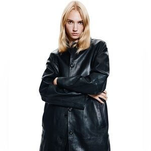 H&M NWT Knee Length Black Leather Jacket in Sz M